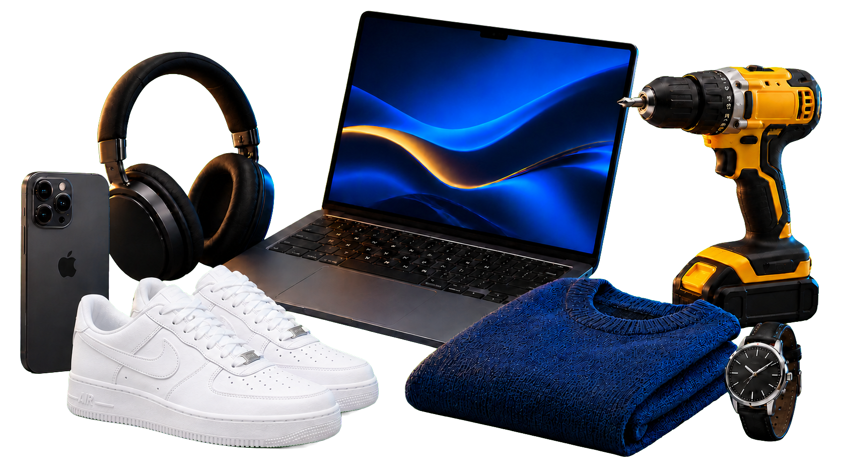 iPhone, audífonos, laptop, taladro, ropa, calzado Nike Air Force 1 y reloj disponibles en Mercado ProviProf